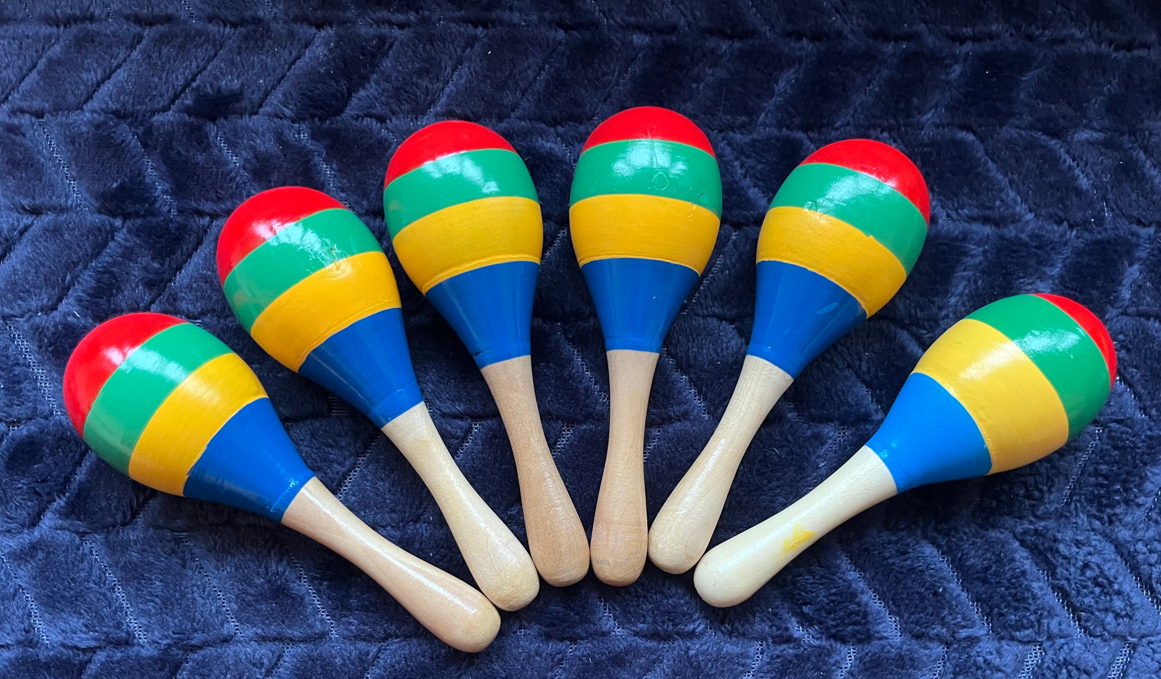 Single Small Wooden Maraca - Blue/Yellow Rainbow Stripes