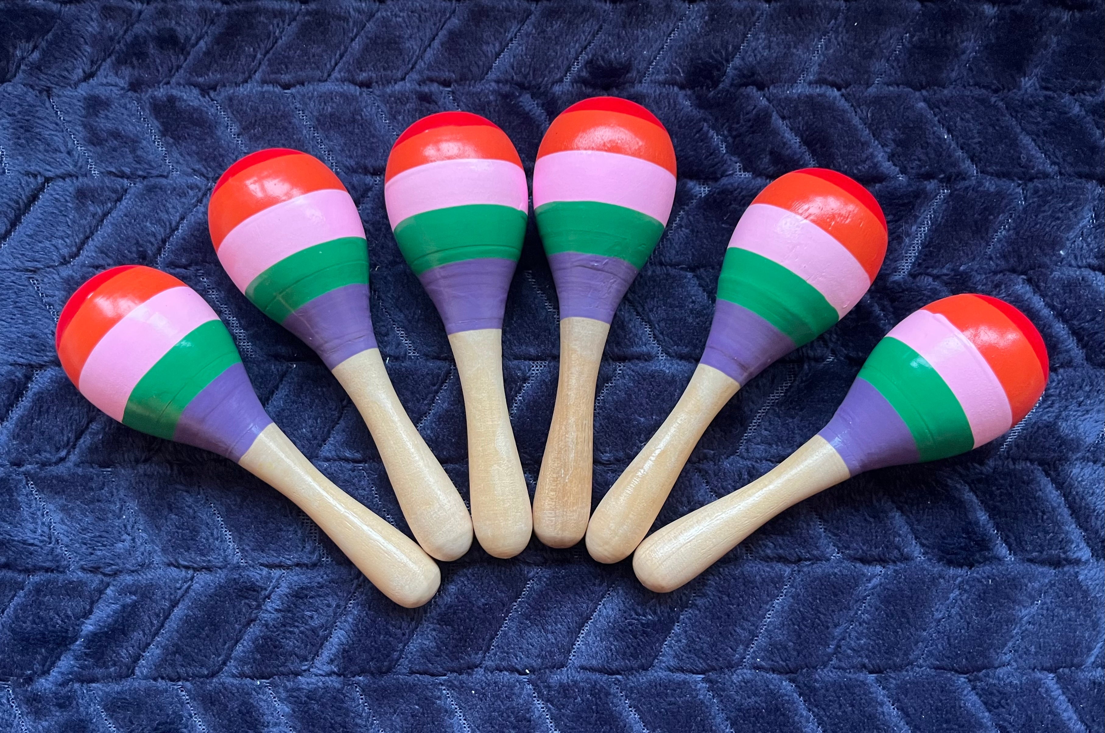 Single Small Wooden Maraca - Pink/Purple Rainbow Stripes